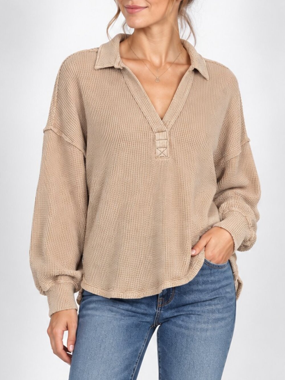 Aerie Womens XL Beige Waffle Knit Pullover Collared Oversized Hi Low Shirt Top